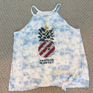 SO Light Blue Tie-Dye Tank Top with Sequin Pineapple - Red, Navy, Gold